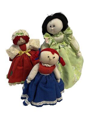Vintage Handmade Cloth Rag Doll Set 3 Pieces Specially Fashioned by Ruth Folk Ar